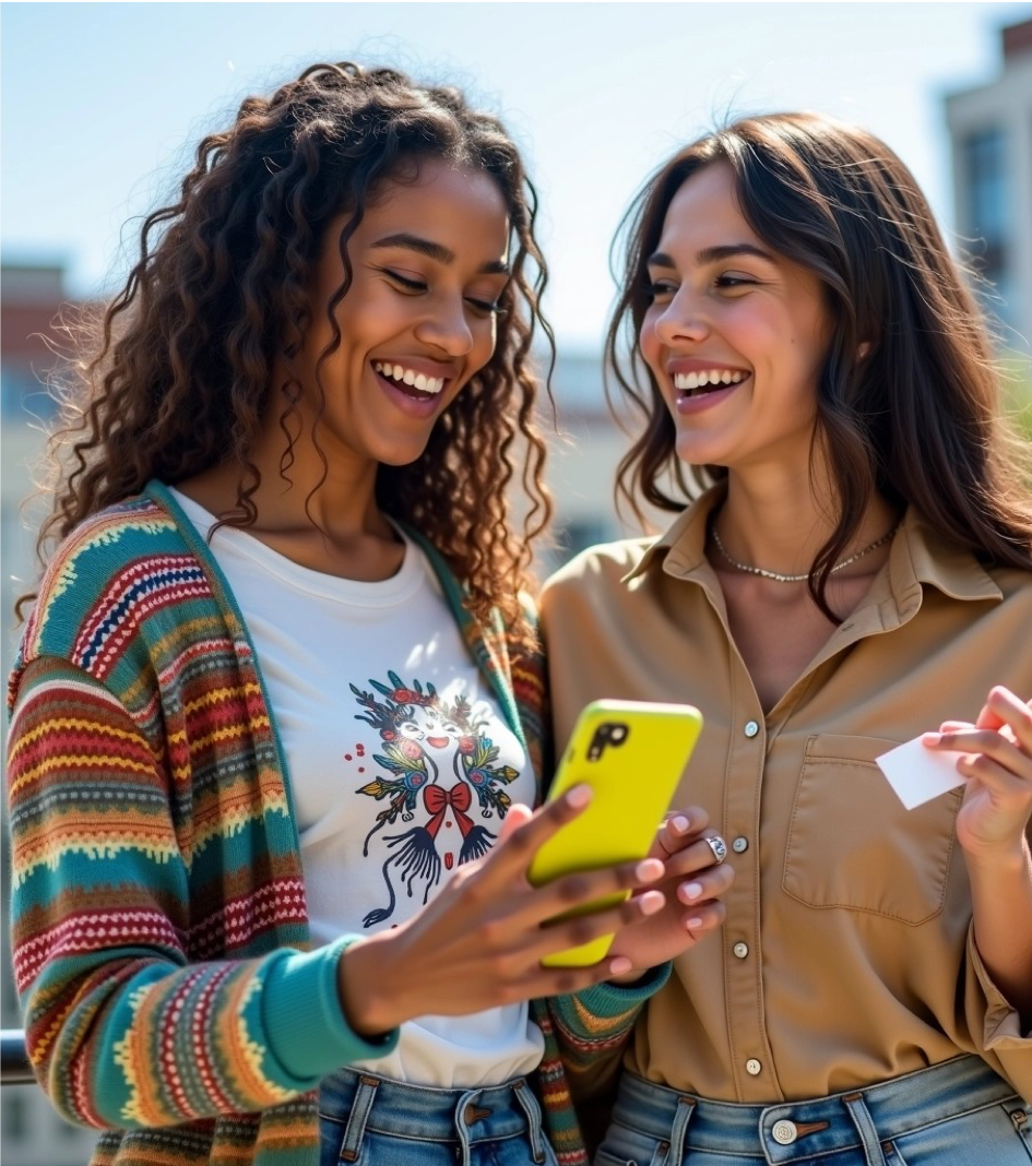 Deux amies souriantes regardent un smartphone, discutant et partageant une carte, avec un arrière-plan urbain ensoleillé. Elles semblent enthousiastes et joyeuses, parfaites pour représenter une expérience positive de cashback et d'économies partagées.