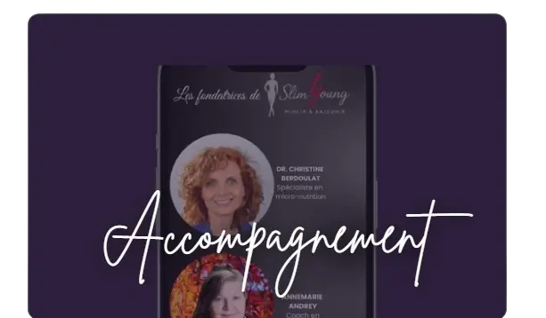 Carte de présentation de l'accompagnement personnalisé avec photo des fondatrices, mettant en avant les coachings, zooms privés et soutien sur mesure.