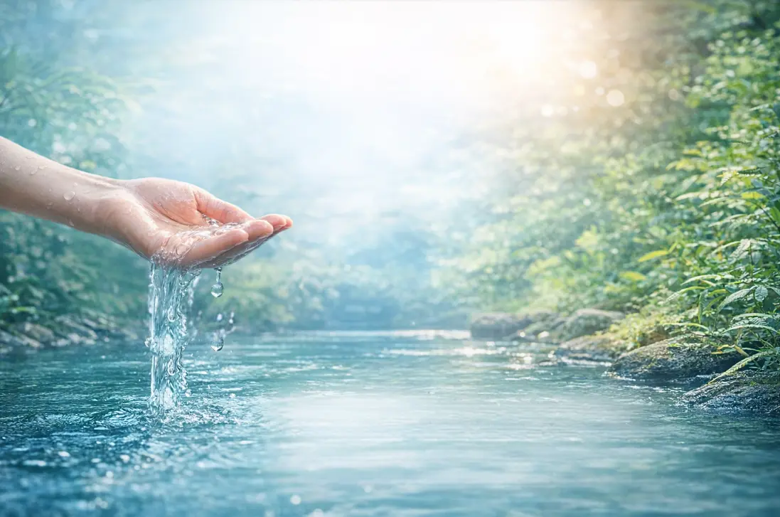 Main tenant de l’eau claire dans une rivière naturelle entourée de verdure, illustrant la pureté de l’eau, le bien-être et l’importance d’une hydratation de qualité.