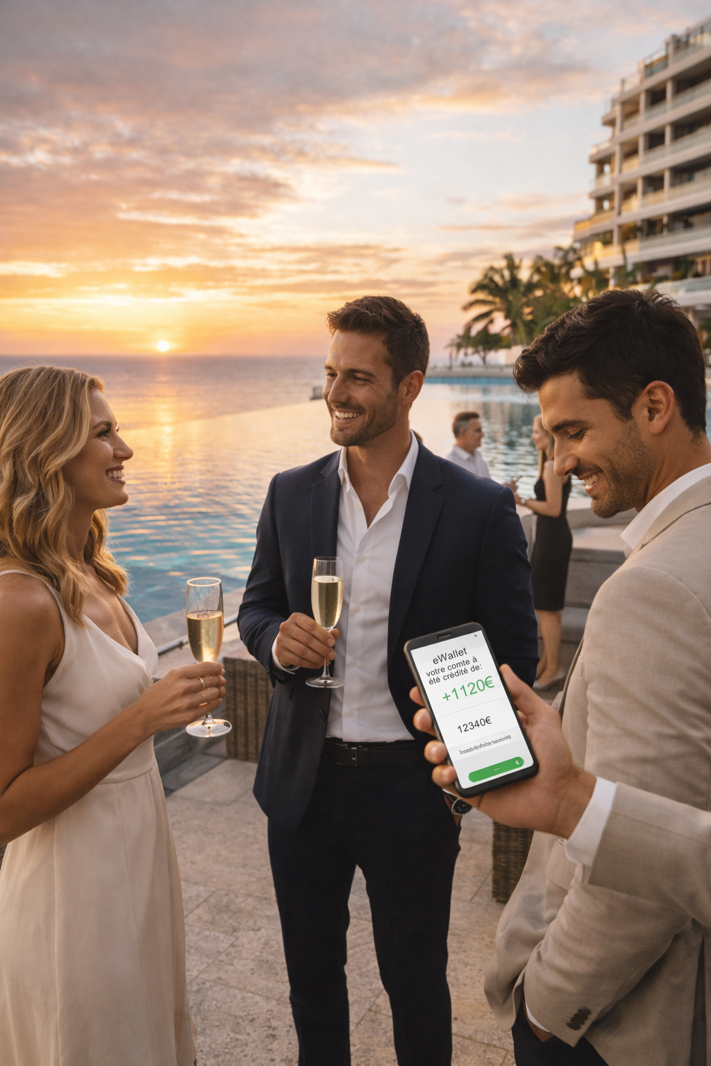 Scène lifestyle de voyage haut de gamme au coucher du soleil dans un hôtel avec piscine, personnes élégantes consultant un smartphone affichant un eWallet crédité