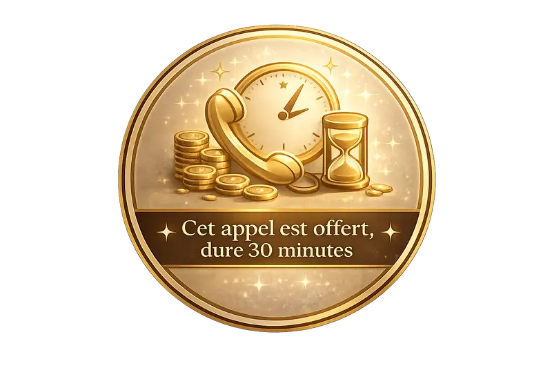 Icône élégante représentant un appel découverte gratuit de 30 minutes, avec téléphone, horloge et symboles de temps dans des tons dorés premium