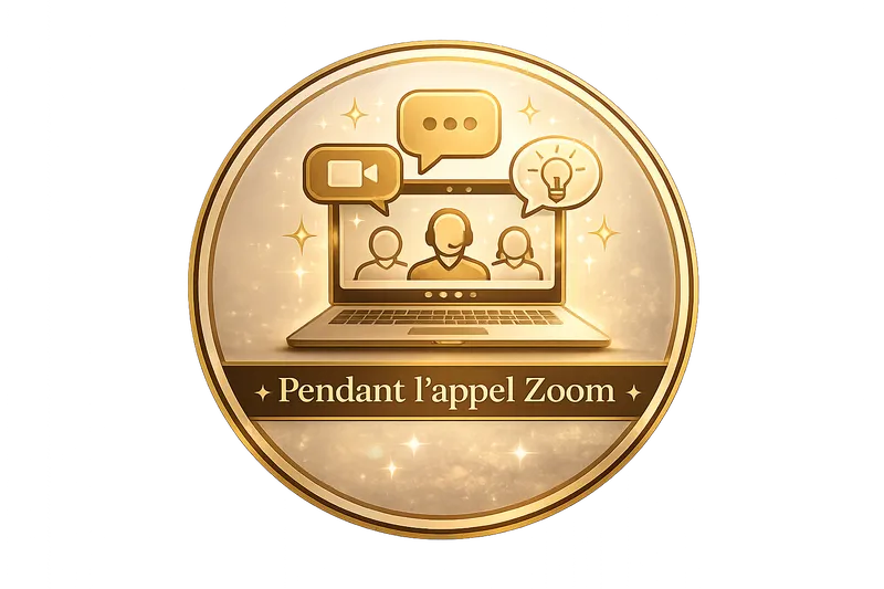 Illustration premium représentant un appel Zoom découverte autour des voyages, avec ordinateur portable, participants en visioconférence et ambiance élégante dorée