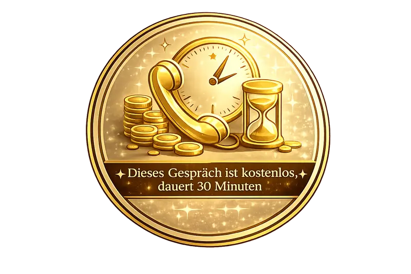 Icône élégante représentant un appel découverte gratuit de 30 minutes, avec téléphone, horloge et symboles de temps dans des tons dorés premium