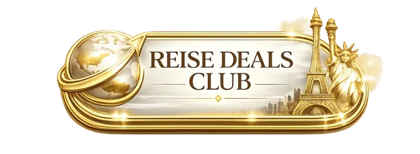 Logo des Reise Deals Club mit goldenen Reisesymbolen und weltbekannten Sehenswürdigkeiten