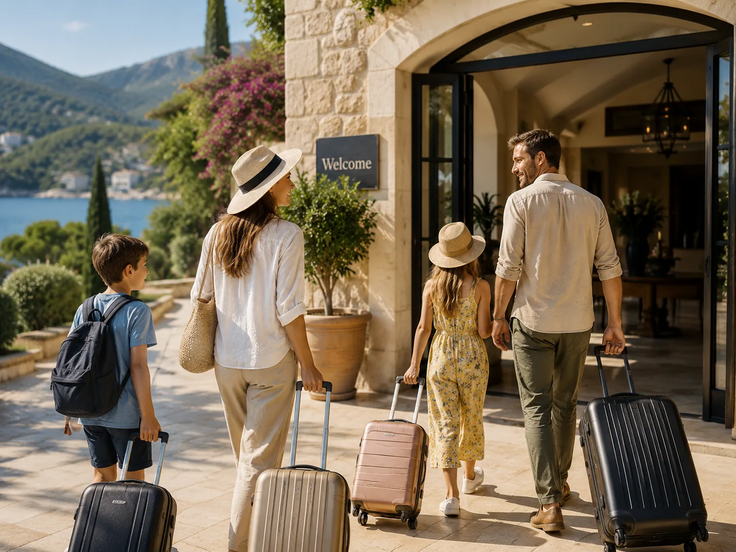 Famille arrivant dans un hôtel pour commencer ses vacances