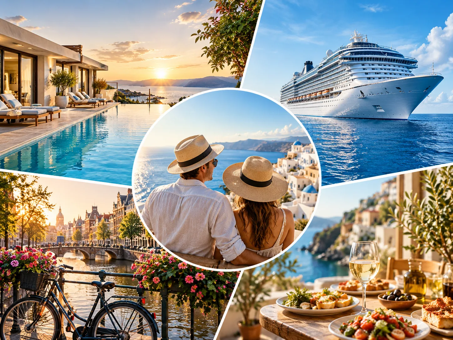 Différentes possibilités de voyage : hôtel, croisière, city-trip, gastronomie et séjour en couple