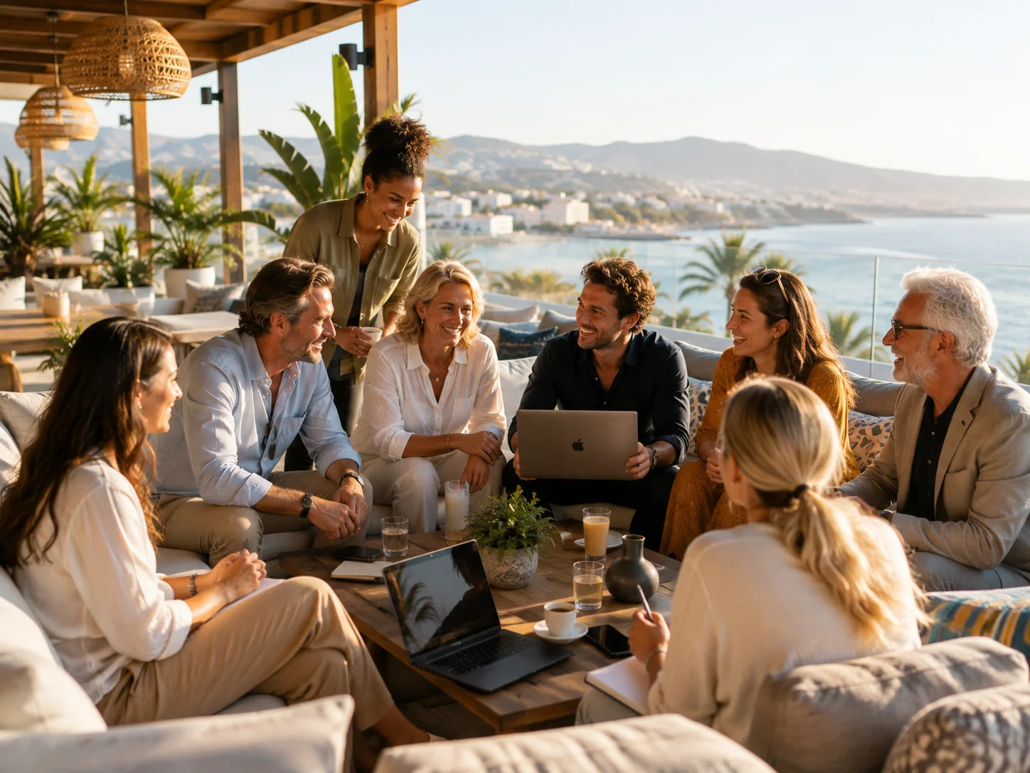 Membres de la Skyway Team échangeant sur une terrasse avec vue sur la mer