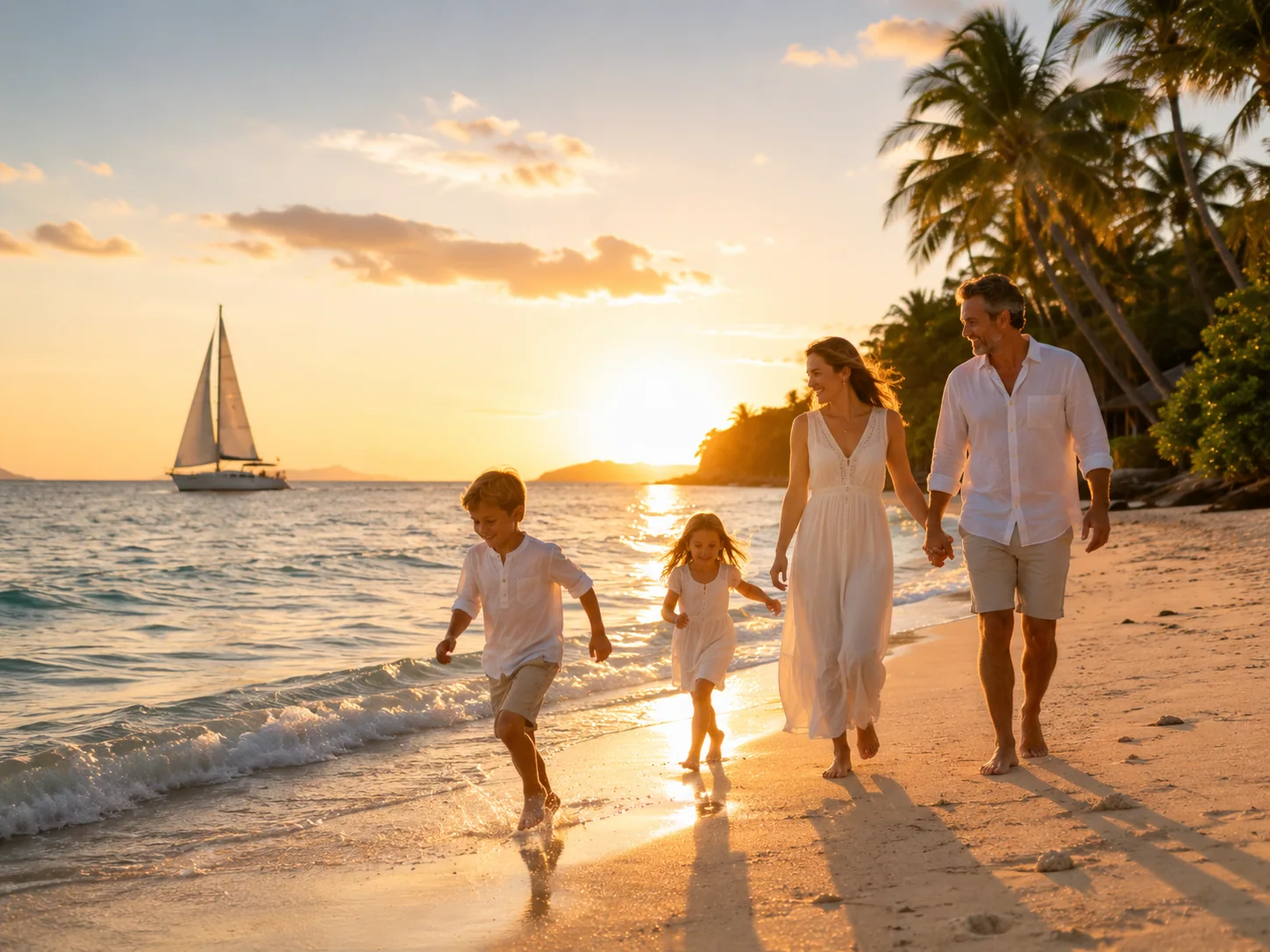 Famille profitant d'un moment de liberté sur une plage au coucher du soleil