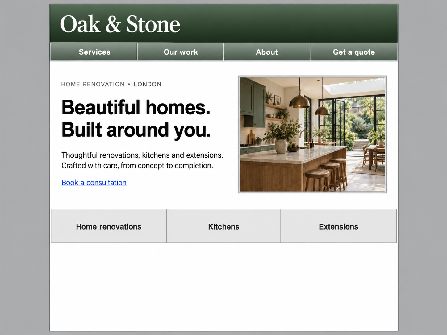 Oak & Stone: dated renovation website before redesign