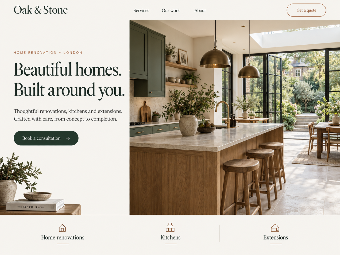 Oak & Stone: modern renovation website with the same content after redesign