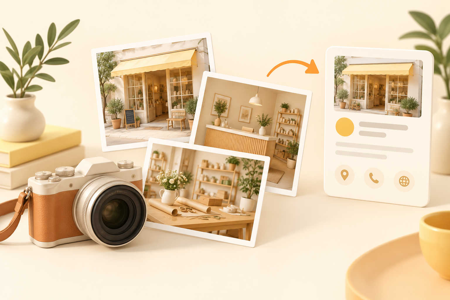 Illustration of a camera and shop photographs showing an exterior, interior and work counter
