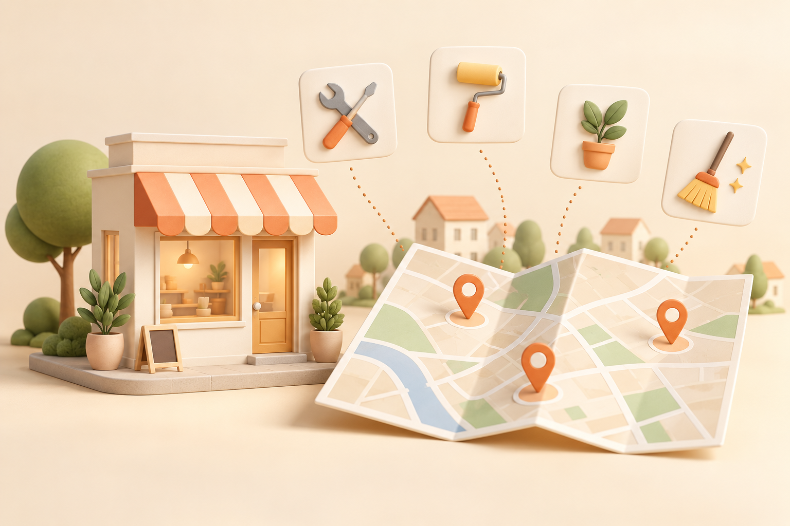 Illustration of a local storefront, service cards and a map showing nearby service areas