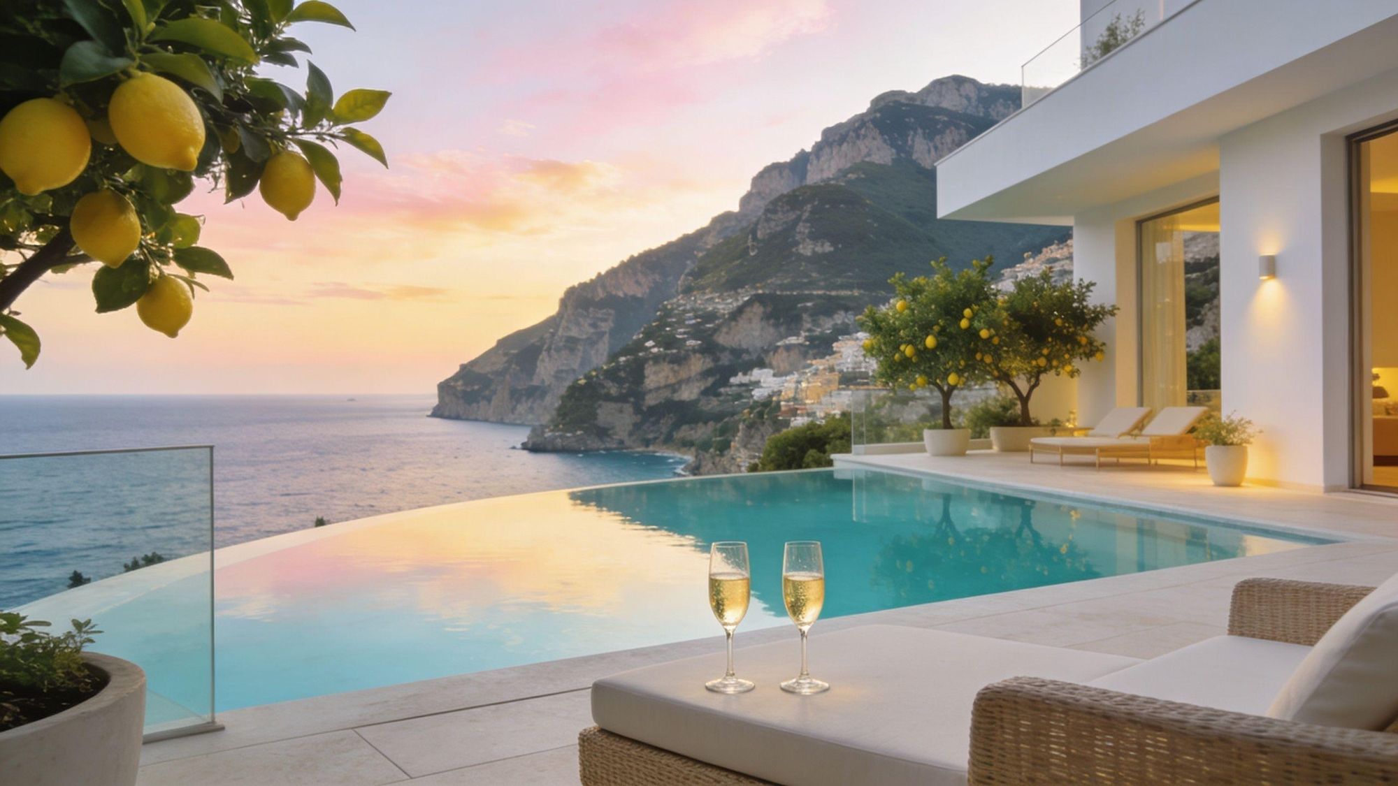 Infinity pool overlooking the Amalfi Coast at sunset, with lemon trees and two glasses of champagne