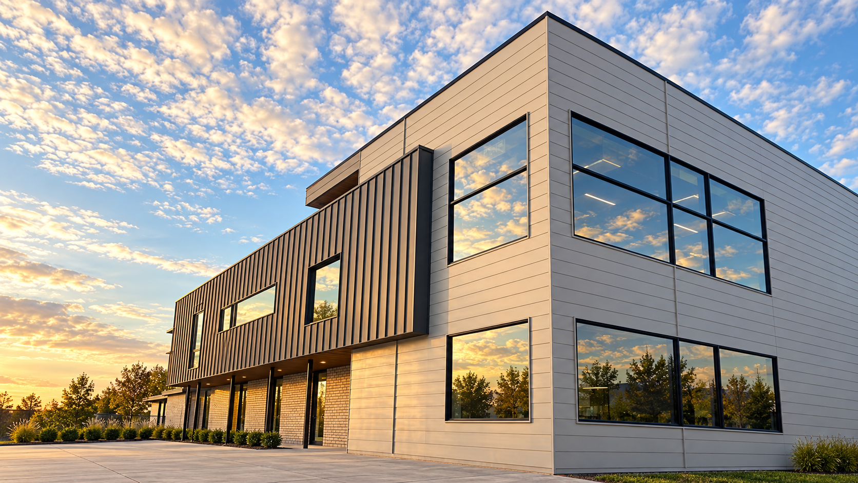 Modern commercial building exterior with metal siding and warm evening light