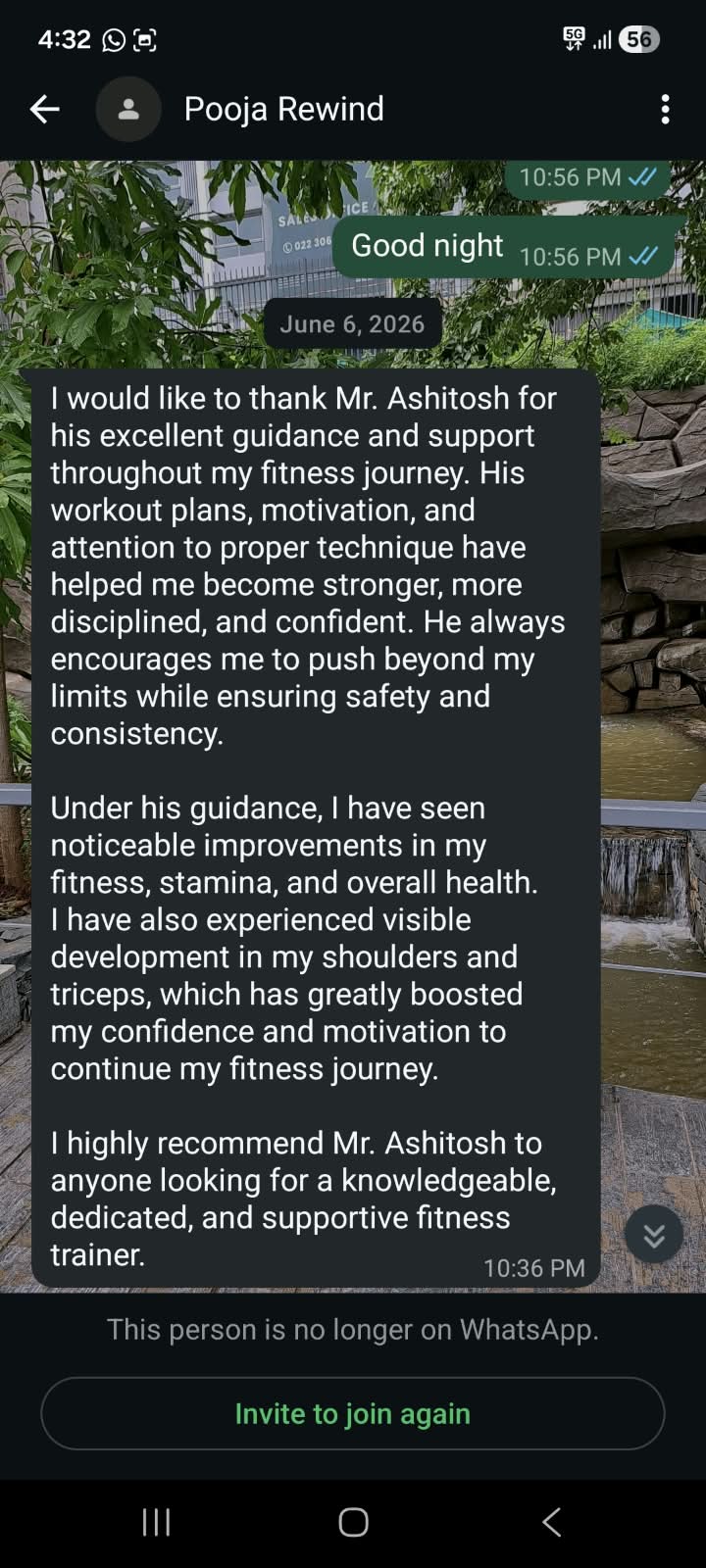 WhatsApp message from a client recommending Ashitosh for his technique, motivation and support