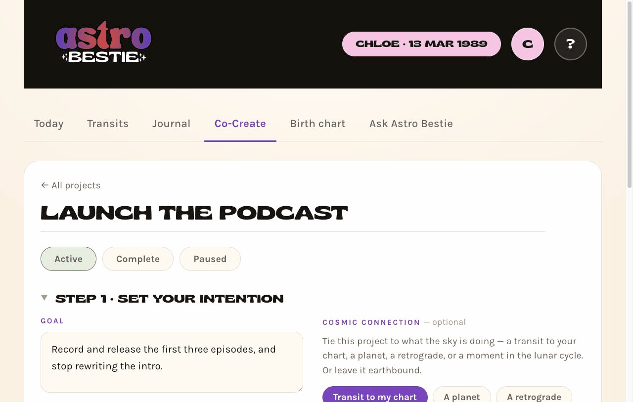 The Co-Create screen in Astro Bestie