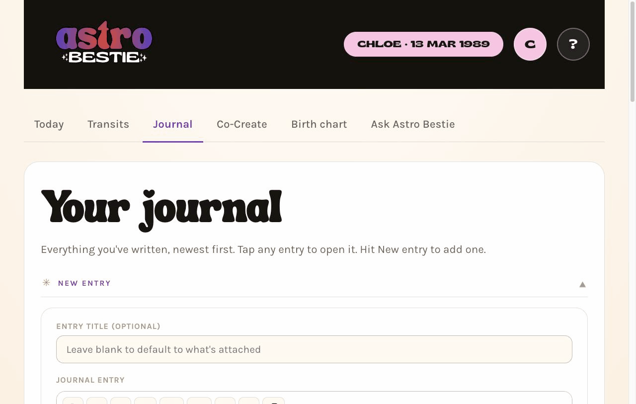 The Journal screen in Astro Bestie