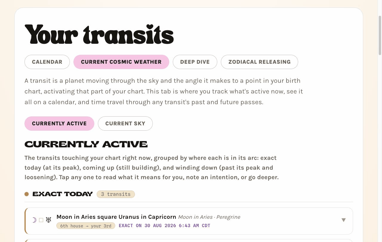 The Transits screen in Astro Bestie