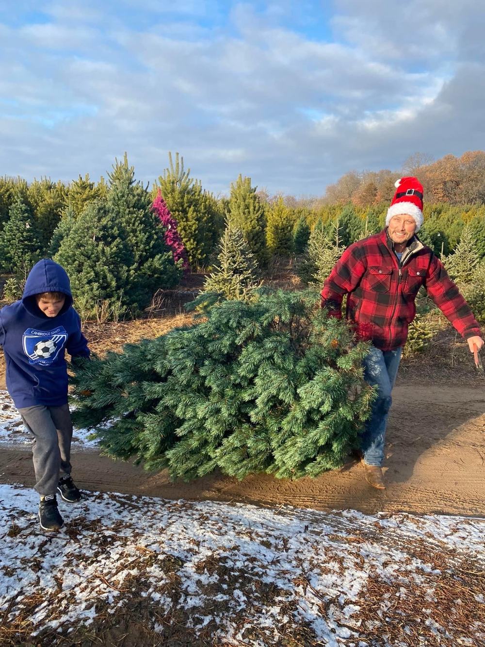 A dad and son drag their fresh-cut tree out of the field
