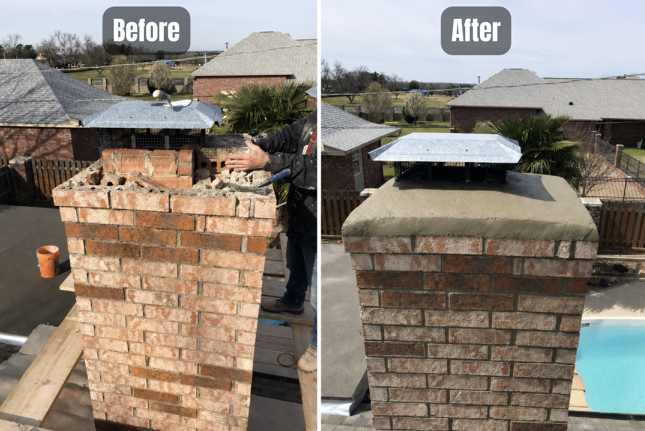 Before and after chimney repair by Pfleger Masonry, Inc. — Arlington, TX
