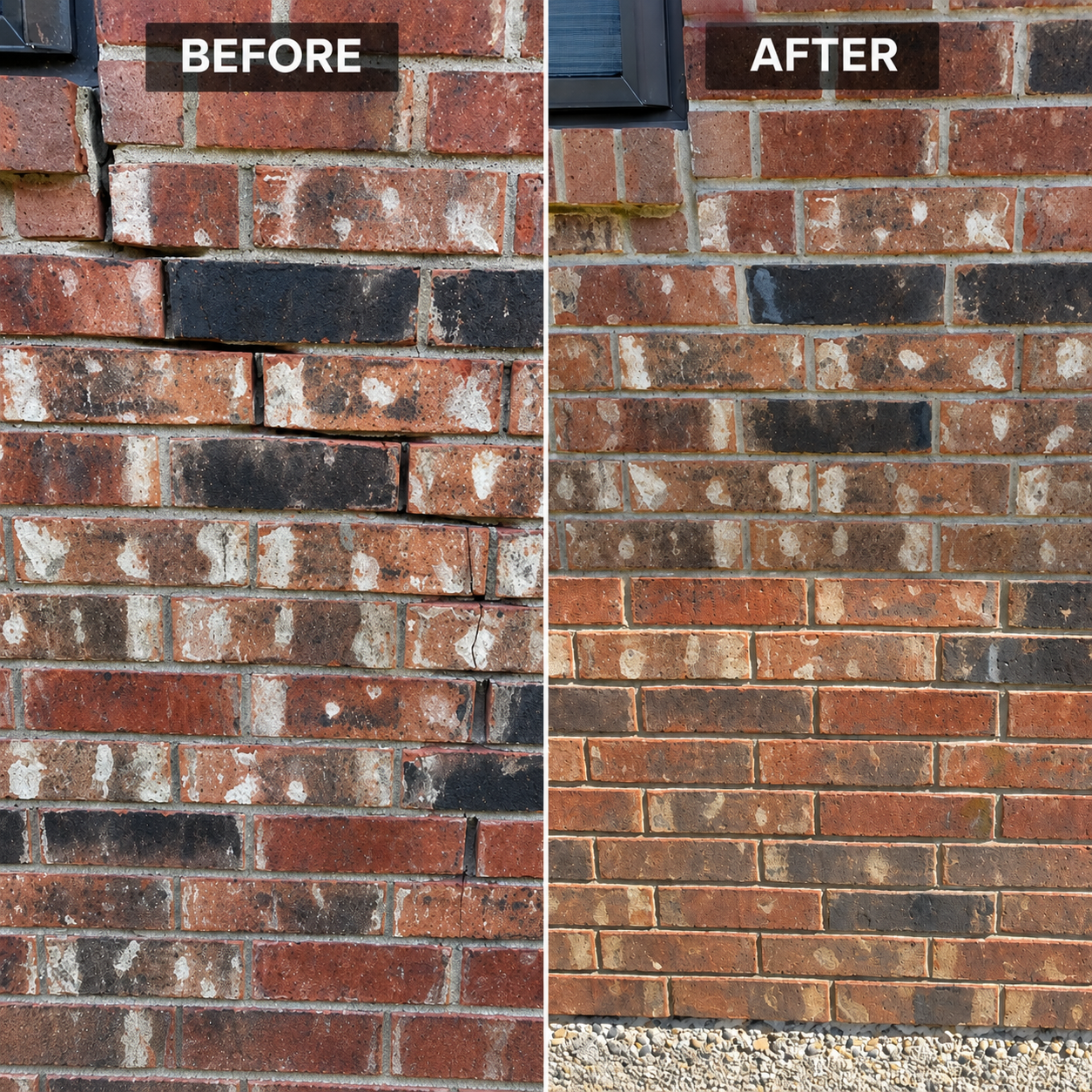 Before and after cracked brick wall repair by Pfleger Masonry, Inc. — Arlington, TX