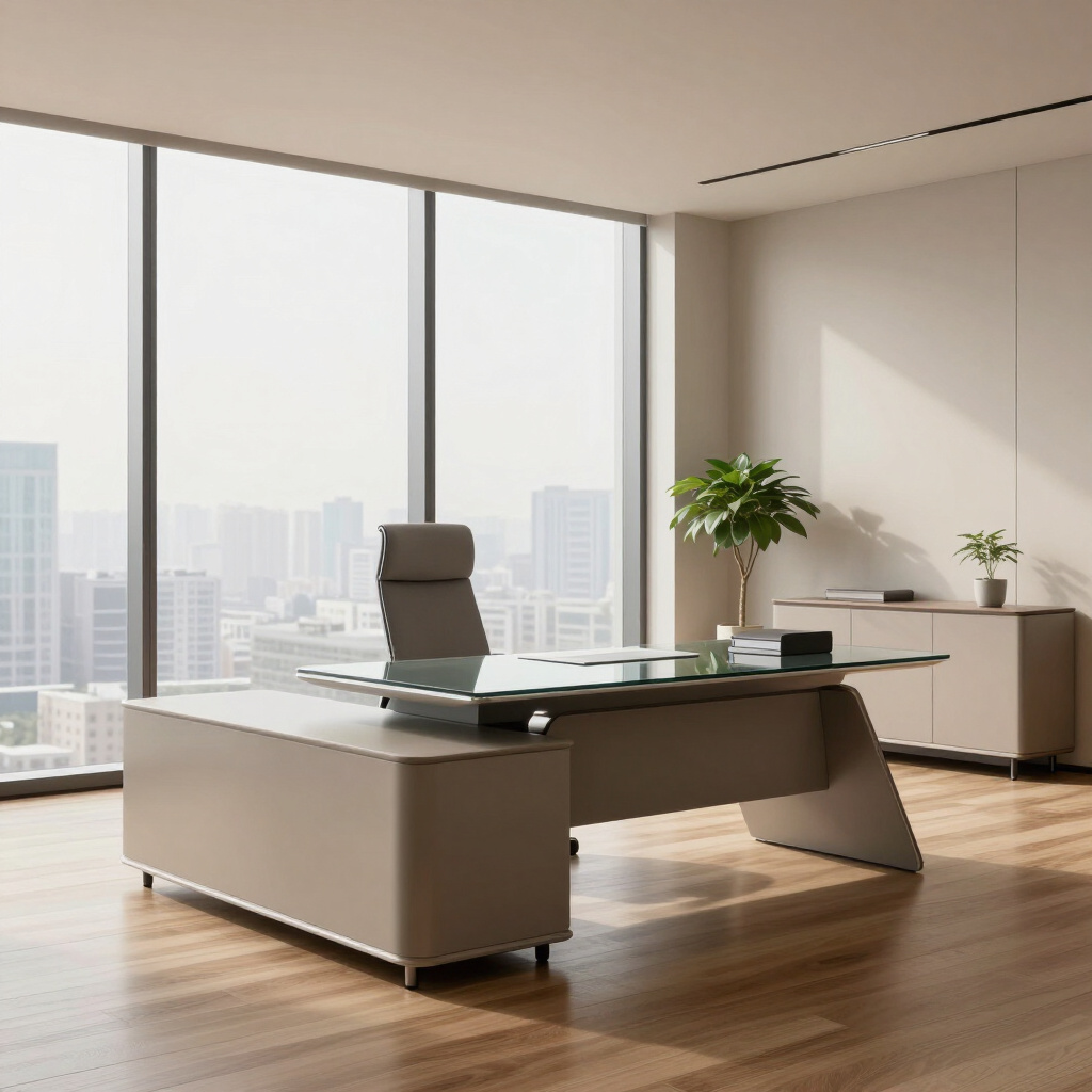 Modern executive office overlooking a city skyline