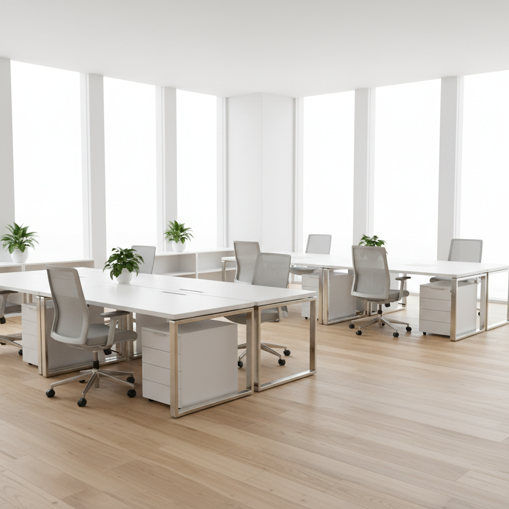 Bright professional office with white tables and chairs