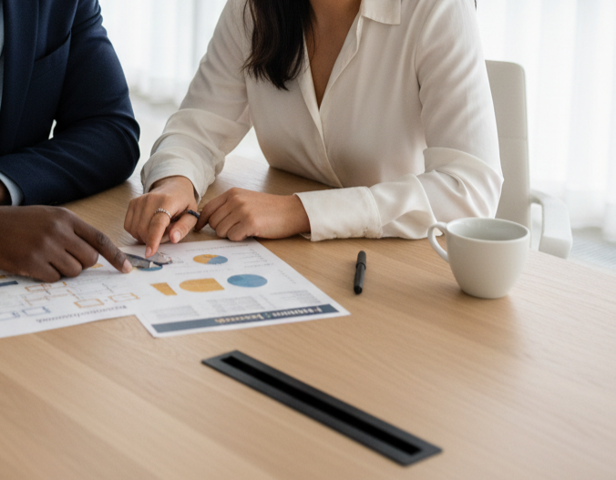 Business leaders reviewing charts and plans at a conference table