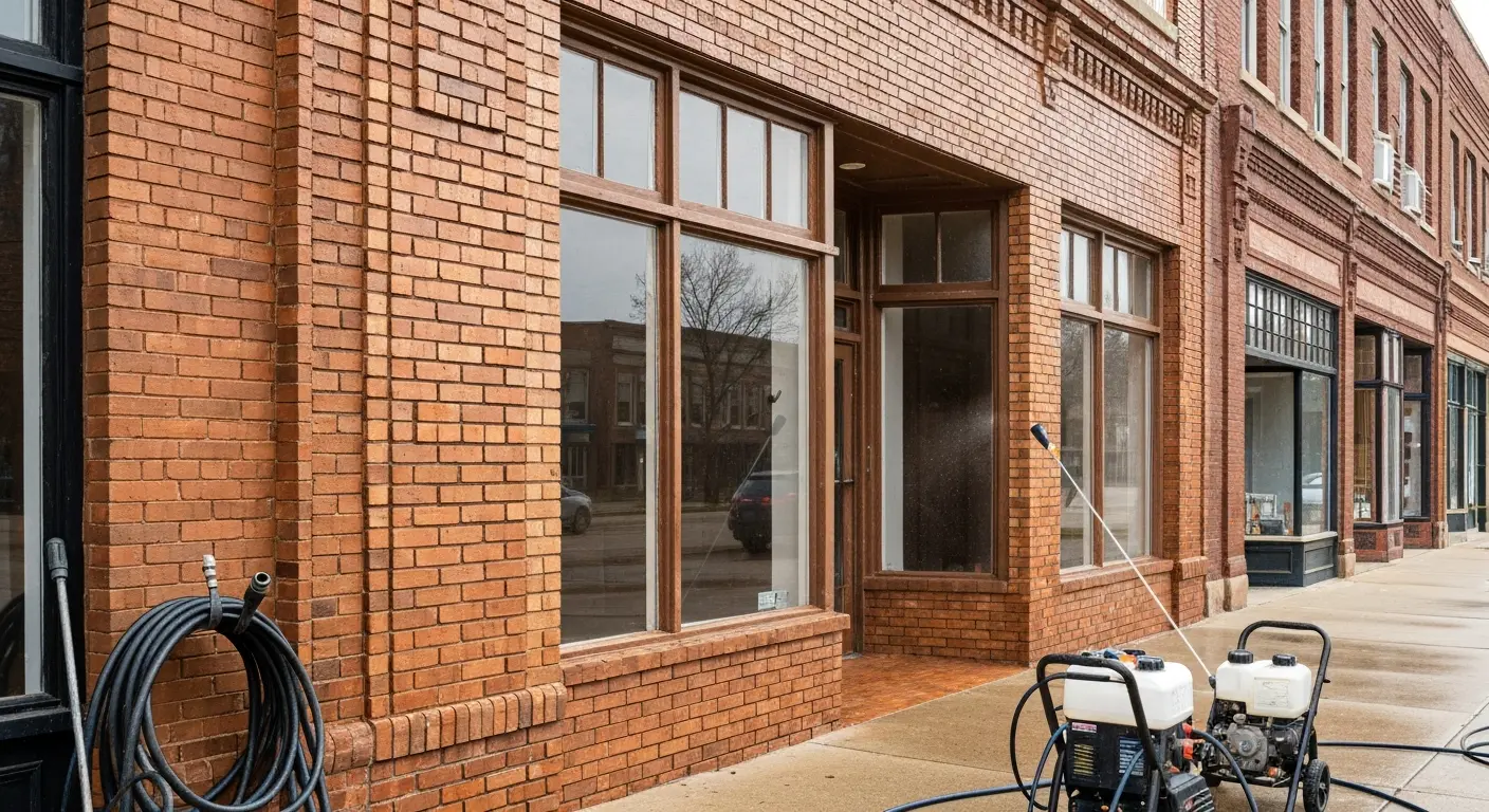 Building facade pressure washing