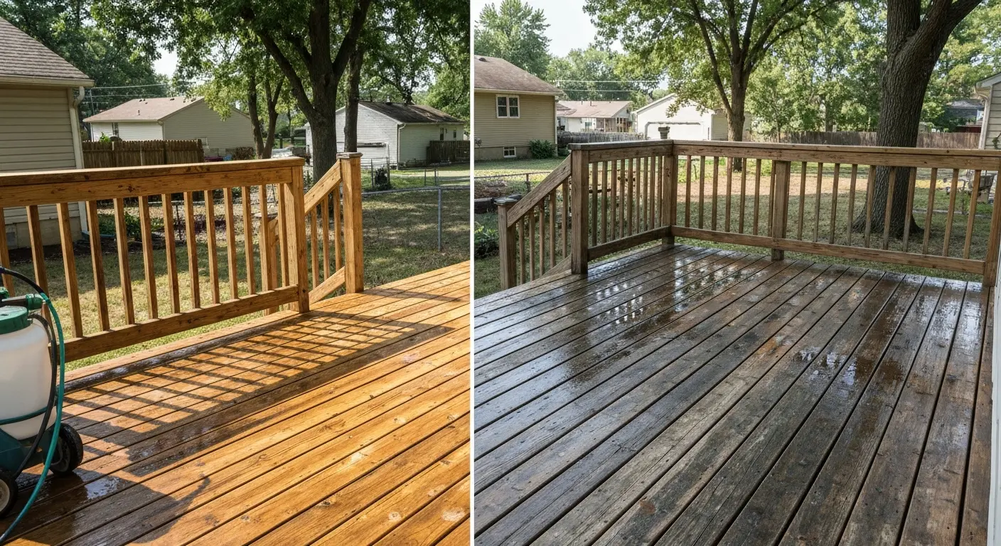 Restored wooden deck after soft washing