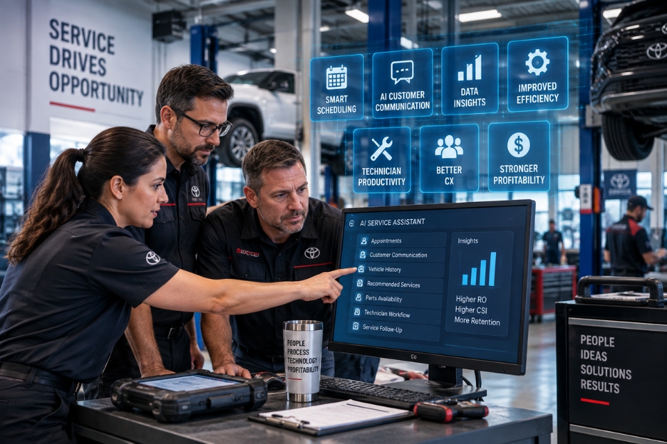 Automotive service department team using artificial intelligence and dealership technology