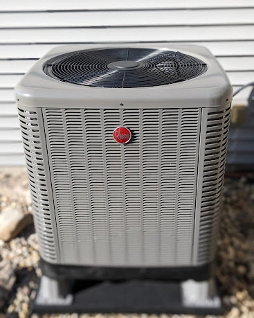 Outdoor Rheem air conditioning condenser at an Indianapolis home
