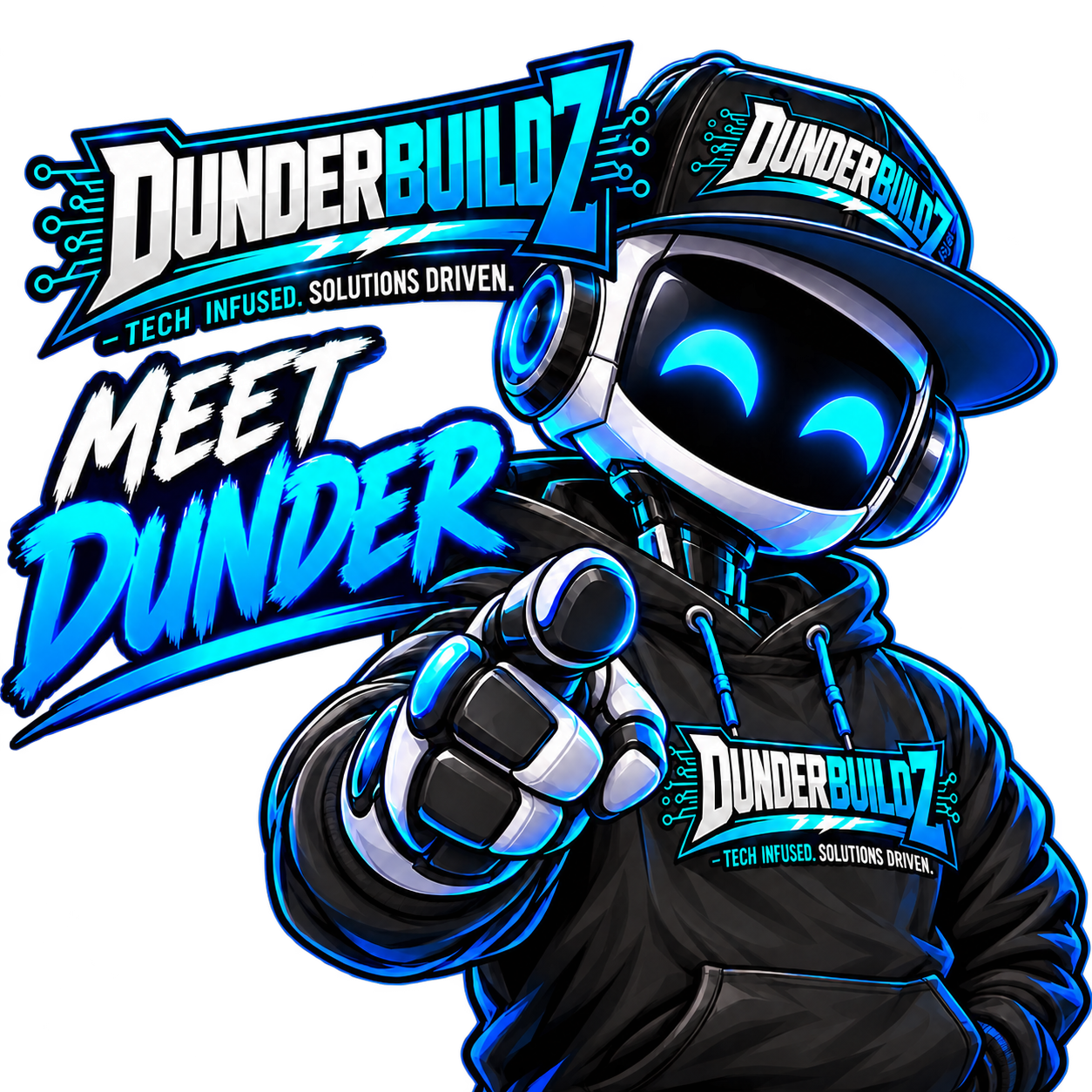 Meet Dunder, the DunderBuildz robot mascot pointing toward you