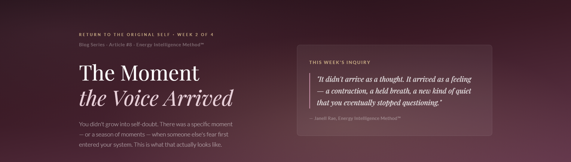 Banner for ‘The Moment the Voice Arrived,’ an Energy Intelligence Method™ blog article about how self-doubt forms through absorbed emotional patterns.