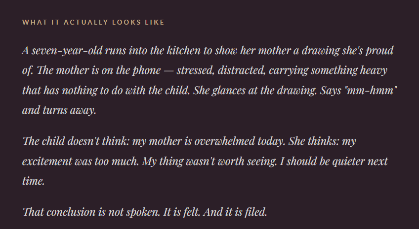 Illustrated text describing a childhood moment where a child shows a drawing to a distracted parent, illustrating how self-doubt can form through emotional experiences