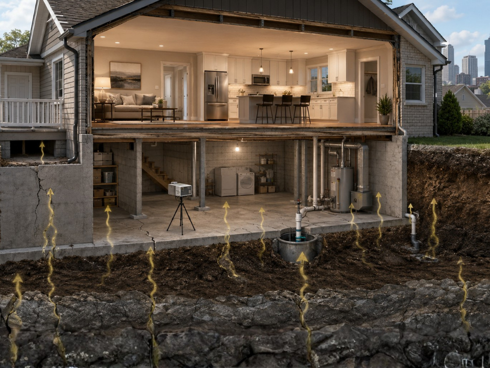 Cutaway home illustration showing radon gas rising from soil into a Nashville basement through foundation openings