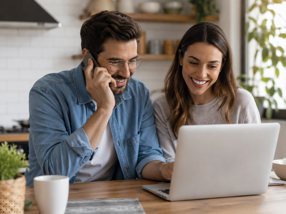 Homeowners scheduling radon testing in Nashville TN while reviewing inspection information on a laptop