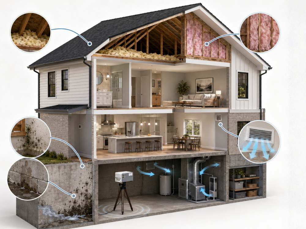 Cutaway home illustration showing professional radon measurement equipment and areas where radon may enter a Nashville home