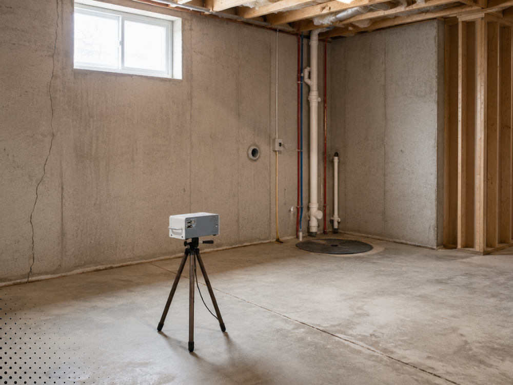 Professional radon testing monitor set up in a Nashville basement to measure indoor radon levels
