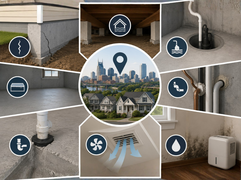 Nashville home inspection graphic showing foundation, crawl space, sump pump, ventilation, and moisture concerns related to radon testing
