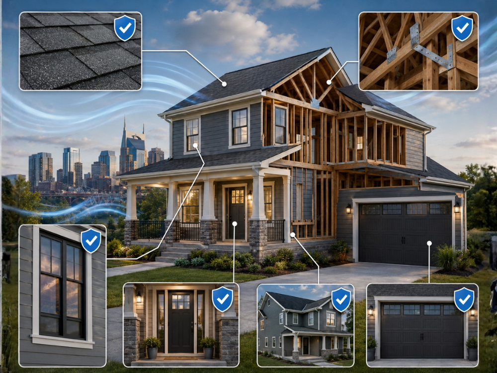 Home inspection graphic showing key wind mitigation areas including roof covering, roof deck attachments, windows, entry doors, garage doors, and attic framing