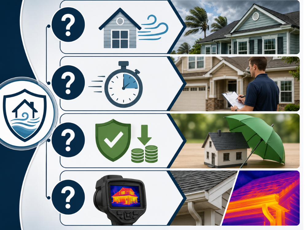 Wind mitigation inspection FAQ graphic showing storm preparation, home inspection timing, insurance savings, and thermal imaging for roof and moisture concerns