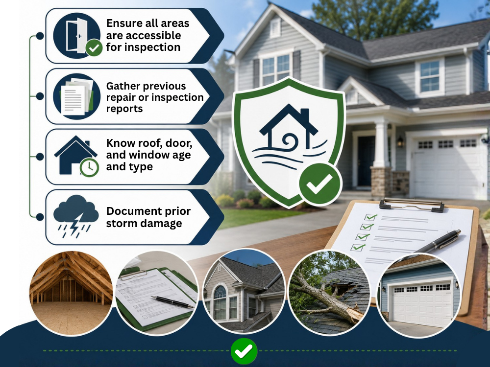 Home inspection preparation checklist showing accessible areas, previous reports, roof and window age, and prior storm documentation before a wind mitigation inspection