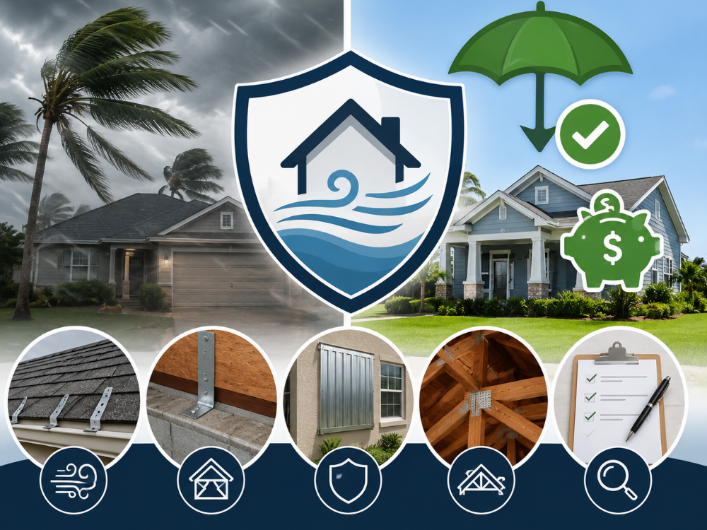 Wind mitigation inspection graphic showing storm protection, insurance savings, and home safety features including roof, shutters, garage door, attic framing, and checklist documentation
