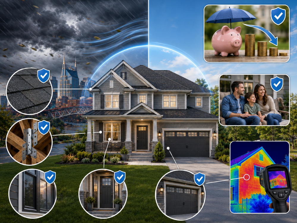Wind mitigation inspection graphic showing a home protected from storm winds with roof, window, garage door, attic, and documentation check points.