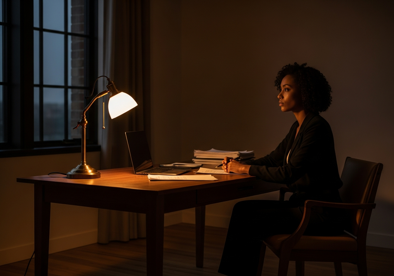 A woman working alone at a desk by lamplight in the evening