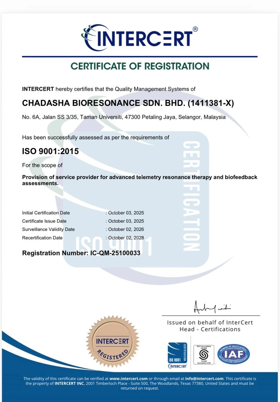 InterCert ISO 9001:2015 Certificate of Registration for Chadasha Bioresonance Sdn. Bhd., Registration IC-QM-25100033 — scope: advanced telemetry resonance therapy and biofeedback assessments.