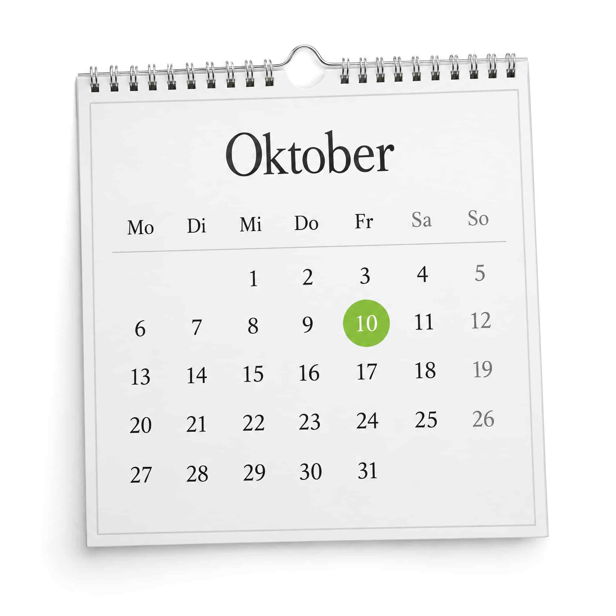 Kalender mit markiertem Termin am 10. Oktober 2026