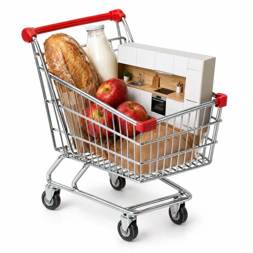 Einkaufswagen mit Brot, Milch, Äpfeln und einer Mini-Küche