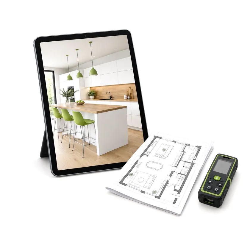 Tablet mit 3D-Planung einer Büroküche, Grundriss und Laser-Messgerät